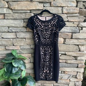 Anthropologie Maeve Basalt Lasercut Sheath Dress LBD Black Short Cap Sleeve